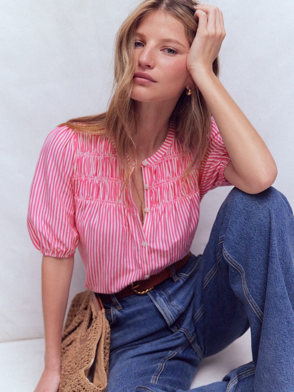 Boden Pink & White Striped Smocked Puff-Sleeve Blouse